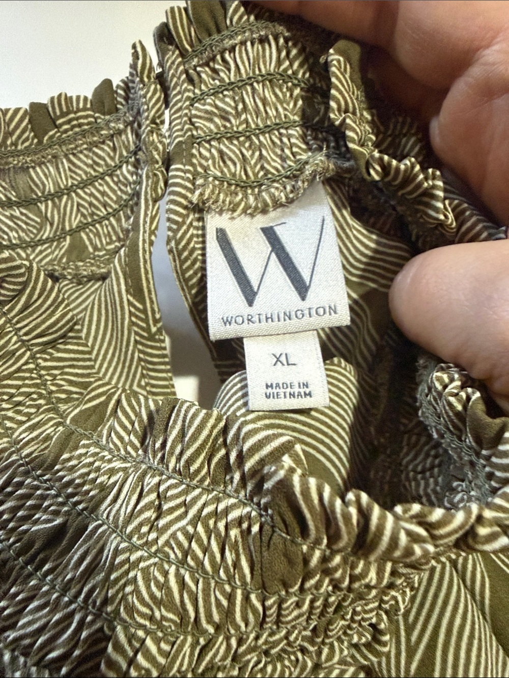 Worthington Olive Green Geometric Smocked-Waist Blouse - Picture 2 of 5